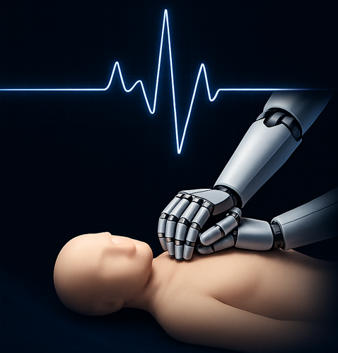 A robot performing chest compressions on a training manikin with an ECG line in the background